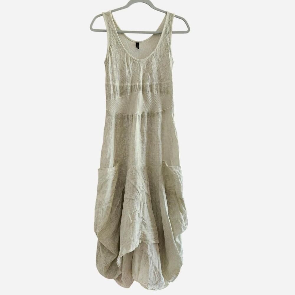 Inizio made in Italy Linen Dress Asymmetrical Cocoon Ribbed Pockets Lagen Boho